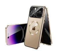 HJXXWL Suitable for IPhone16 15 14 13 12 Pro Max Plus Magnetic Metal Frame Large Window Camera Lens Privacy Glass Pho Gold