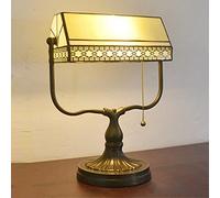 HJYBFA Mission Style Bankers Table Lamp Stained Glass Desk Light - Antique Vintage Bedside Night for Living Room, Office, Library & Study Tiffany Inspired Round Alloy Base