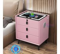 HJYBFA Smart Nightstand with Full Solid Wood Legs,Fingerprint Lock Drawer and LED Light Nightstand,Terminal Desk Wireless Charging/2 USB Type-C Ports(Pink 2)
