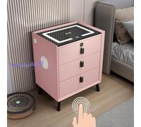 HJYBFA Smart Nightstand with Full Solid Wood Legs,Fingerprint Lock Drawer and LED Light Nightstand,Terminal Desk Wireless Charging/2 USB Type-C Ports(Pink,3 drawers)