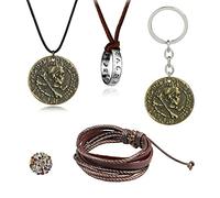 HJYZY 29 pcs Uncharted 4 Drake jewelry Engraved Skull Bronze COIN Pendant Necklace keychain Sticker Set Ring Pendant Necklace Brown Leather Men's Bracelet