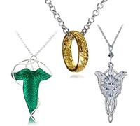 HJYZY 3 pcs L. of The Ring Necklace Gold Tone The Ring Pendant Necklace Vintage Green Leaf Elven Pin Brooch Pendant Chain Necklace