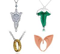 HJYZY 4 pcs Vintage Green Leaf Elven Earrings Pin Brooch Pendant Chain Necklace Arago Arvven star Pendant Necklace Gold Tone The Ring Pendant Necklace Elf Ears Set