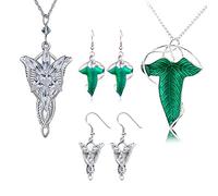 HJYZY 4 pcs Vintage Green Leaf Elven Earrings Pin Brooch Pendant Chain Necklace Elven Leaf Arago Arvven Evstar Pendant Necklace Earrings