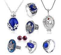 HJYZY 8 pcs Vampire Diaries Jewelry Daywalking Katherine Sapphire Elena Gilbert Opening Vervain Locket Necklace Salvatore Damon Stefan finger Family Crest Ring Red Diamond Stud Earrings, silver