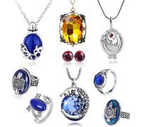 HJYZY 9 pcs Cosplay Vampire Jewelry Daywalking Katherine Bonnie Moon Elena Vervain Locket Necklace Damon Stefan finger Family Crest Ring Diamond Stud Earrings Set