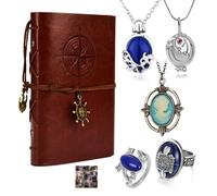 HJYZY Vampire Jewelry Sets Leather Journal Writing Notebook Elena Gilbert Opening Vervain Locket Pendant Necklace Damon's Family Ring with Movie Stickers 16 Pcs