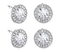 HJZHII 2Pairs Bling Rhinestone Earrings, Silver Round Shaped Acrylic Inside Crystal Halo Stud Earrings for Dance Competitions, Stage Opera Performance, Wedding Earring Jewelry