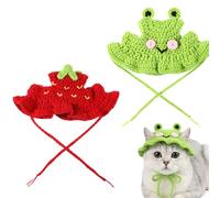 HJZHII 2Pcs Strawberry and Frog Cat Hat, Soft Cotton Knitted Hats Cute Cat Apparel or Cats Birthday Party Puppy Hat for Small Pets Photo Shoots