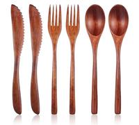 HJZHII 6PCS Wooden Utensils for Eating, Nanmu Wooden Spoons Forks Scraper Reusable Wood Utensil Set Flatware Tableware Cutlery Set for Daily Use Home Travel Camping