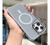 HJZSZX For IPhone 12 ProMax Fold Lens Stand Cooling Mesh Heat Dissipation Case Breathable Magnetic Cover(For IPhone 12 ProMax/Sierra Blue)