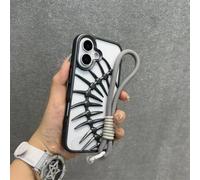 HJZSZX For iPhone 14Plus Luxury Oil Paint Fish Bone Case Slim Mate Hollow Out Wrist Strap Cover(For iPhone 14Plus/Gray PY)