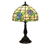 HJZZQH Bedside Lamp Table Lamps Blue and Purple Rose Stained Glass Desk Lamp Antique Alloy Base for Bedroom Living Room Reading Lighting Warm as Ever
