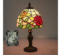 HJZZQH Style Table Lamp for Bedroom, Lampshade in Stained Glass with Green Leaves and Red Pink, Reading Office Lamp, Gifts Warm as Ever