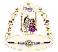 HK HOMEWARE Premium Evil Eye Rakhi for Raksha Bandhan with Krishna Radha Greeting Card, Handmade Blue Crystal & Pearl Thread Rakhi, Gold Plated Designer Bracelet, Traditional Indian Festival Gift