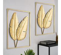 HKaikzo Gold Metal Wall Decor Set of 2, Leaf Wall Hanging Home Decor with Frame, Modern Wall Art Decor Wall Sculptures for Living Room, Bedroom, Office, Hotel, Large 24" X 16"