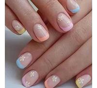 Hkanlre Fake Nails Square French Acrylic Flower 24Pcs