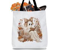 HKDGVRTB Halloween Canvas Tote Bag Reading Ghost With Sleeping Black Cat On Head Spooky Fall Autumn Bookworm Cute Halloween Book Lover Gifts for women Reusable Shopping Shoulder Handbag