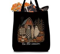 HKDGVRTB Halloween Canvas Tote Bag, Retro Fall Farm Tis The Season Plaid Ghost Barn Pumpkin Corn Maze Hay Rides Country Autumn Reusable Shopping Shoulder Bag
