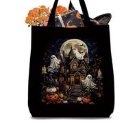HKDGVRTB Halloween Canvas Tote Bag Spooky Haunted House Ghost Jack Lantern Pumpkin Full Moon Bat Graveyard Gothic Fall Autumn Book Bag Reusable Shopping Shoulder Handbag