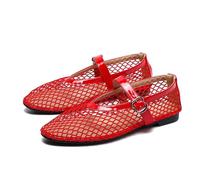 HKFBHFKM Mesh Ballet Flats for Women Fishnet Ballerina Flats Buckle Strap Mesh Ballet Shoes Wide Width Casual Summer Dress Flat Shoes(Red,6 UK)
