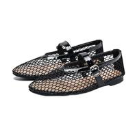 HKFBHFKM Mesh Ballet Flats for Women Fishnet Ballerina Flats Buckle Strap Mesh Ballet Shoes Wide Width Casual Summer Dress Flat Shoes(Grey,5.5 UK)