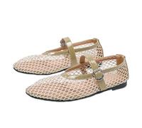 HKFBHFKM Mesh Ballet Flats for Women Fishnet Ballerina Flats Buckle Strap Mesh Ballet Shoes Wide Width Casual Summer Dress Flat Shoes(Khaki,5 UK)