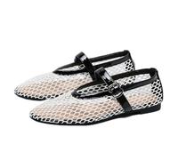 HKFBHFKM Mesh Ballet Flats for Women Fishnet Ballerina Flats Buckle Strap Mesh Ballet Shoes Wide Width Casual Summer Dress Flat Shoes(Black white,6 UK)