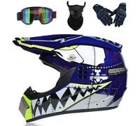 HKFBHFKM Motocross Motorcycle Cross Helmet with Gloves Mask Goggles, Youth Kids Dirt Bike Helmets, Off Road Crash Helmet Protective Gear(Blue,XL (58-59cm))