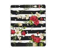 HKHLHLH Black White Stripes Red Rose Flowers Mouse Pad With Stitched Edge, Computer Mouse Mat With Non-Slip Rubber Base, Mouse Pads For Laptop
