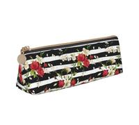 HKHLHLH Black White Stripes Red Rose Flowers Printing Pupil Leather Case Zipper Pen Holder Practical Pencil Pouch for Kids for School Office