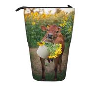 HKHLHLH Cow in Sunflowers Pencil Case Standing Pen Holder Telescopic Pouch Pop Up Cosmetics Bag,for Girls Boys Students