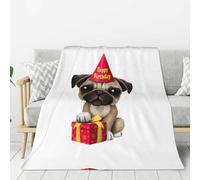 HKHLHLH Cute Happy Birthday Pug Puppy 280g Microfiber Fleece Blanket,Ultra-Soft Suitable For Sofas, Beds, Chairs, And Travel.