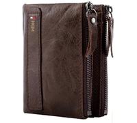 HKIM Men’s Genuine Leather Wallet - Premium Cow Leather, Short Biflold Design with Card Slots, Coin Pocket & Zipped Section Unisex Notes Coins photo & Card Wallet - Black Brown Red Blue (Coffee Brown)