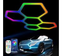 hKjPlvf RGB Hexagon Garage Lights, RGB Hexagon Light with Music Mode, Hexagon Ceiling Lights APP Remote Control Dimmable Multi Color Modes Honeycomb Lamps for Basement Gym Bar Decor