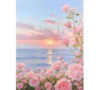 HKLIOPU Pink Roses and Sunset Sea View Diamond Art Kits Adults,5D Diamond Painting Kits for Beginners Kids,Full Round Drill Gem Art Kits Crafts Home Decor 12x16Inch