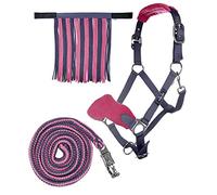 HKM Head collar set with panic hook & fly fringe Grey/Pink Pony