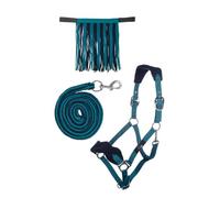 HKM Head collar set with snap hook & fly fringe Petrol/Navy Pony