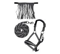 HKM Lilly Halter Set with Carabiner & Fly Fringe - Includes Lead Rope (Black, Full)