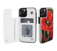 HKMNLEW Beautiful Red Poppy Flower Print Flip Phone Wallet Case for iPhone 12 Pro, PU Leather Magnetic Shockproof Phone Case Cover with Card Holder
