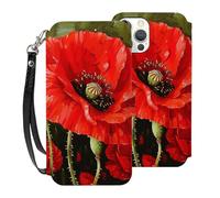 HKMNLEW Beautiful Red Poppy Flower Print Flip Wallet Case for iPhone 12 Pro 6.1 Inch, PU Leather Magnetic Shockproof Phone Case Cover with Card Holder and Wrist Strap