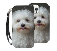 HKMNLEW Bichon Frise Dog Print Flip Wallet Case for iPhone 12 6.1 Inch, PU Leather Magnetic Shockproof Phone Case Cover with Card Holder and Wrist Strap White