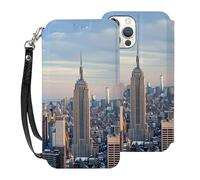 HKMNLEW Empire State Print Flip Wallet Case for iPhone 12 Pro Max 6.7 Inch, PU Leather Magnetic Shockproof Phone Case Cover with Card Holder and Wrist Strap White