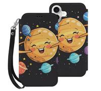 HKMNLEW Flip Wallet Case for iPhone 16 Plus Case with Wrist Strap, Cute Planet Prints PU Leather Shockproof Phone Case Cover with Card Holder & Kickstand