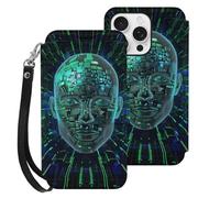 HKMNLEW Flip Wallet Case for iPhone 16 Pro Case with Wrist Strap, Artificial Intelligence Brain Prints PU Leather Shockproof Phone Case Cover with Card Holder & Kickstand