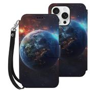 HKMNLEW Flip Wallet Case for iPhone 16 Pro Case with Wrist Strap, Space Planet Earth Prints PU Leather Shockproof Phone Case Cover with Card Holder & Kickstand