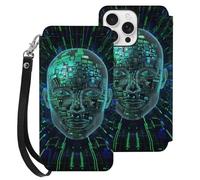 HKMNLEW Flip Wallet Case for iPhone 16 Pro Max Case with Wrist Strap, Artificial Intelligence Brain Prints PU Leather Shockproof Phone Case Cover with Card Holder & Kickstand