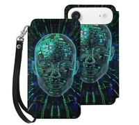 HKMNLEW Flip Wallet Case for iPhone 17 Air Case with Wrist Strap, Artificial Intelligence Brain Prints PU Leather Shockproof Phone Case Cover with Card Holder & Kickstand