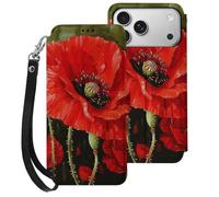 HKMNLEW Flip Wallet Case for iPhone 17 Pro Max Case with Wrist Strap, Beautiful Red Poppy Flower Prints PU Leather Shockproof Phone Case Cover with Card Holder & Kickstand