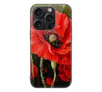 HKMNLEW Glass Phone Case for iPhone 15 Pro, Beautiful Red Poppy Flower Prints TPU Shockproof Protective Case Cover for Women Men